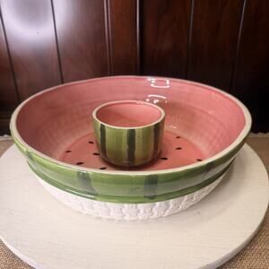 1994 Watermelon White Basket Chip And Dip Serving Bowl Platter